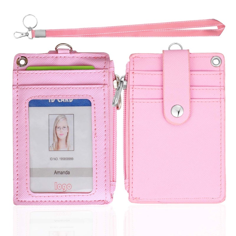 HASFINE ID Badge Holder with Lanyard,2 Sided 5 Card Slots ID Card Holder Wallet with PU Leather Zipper Pocket and Detachable Keychain Lanyard for Teens Women(Pink) - Image 1